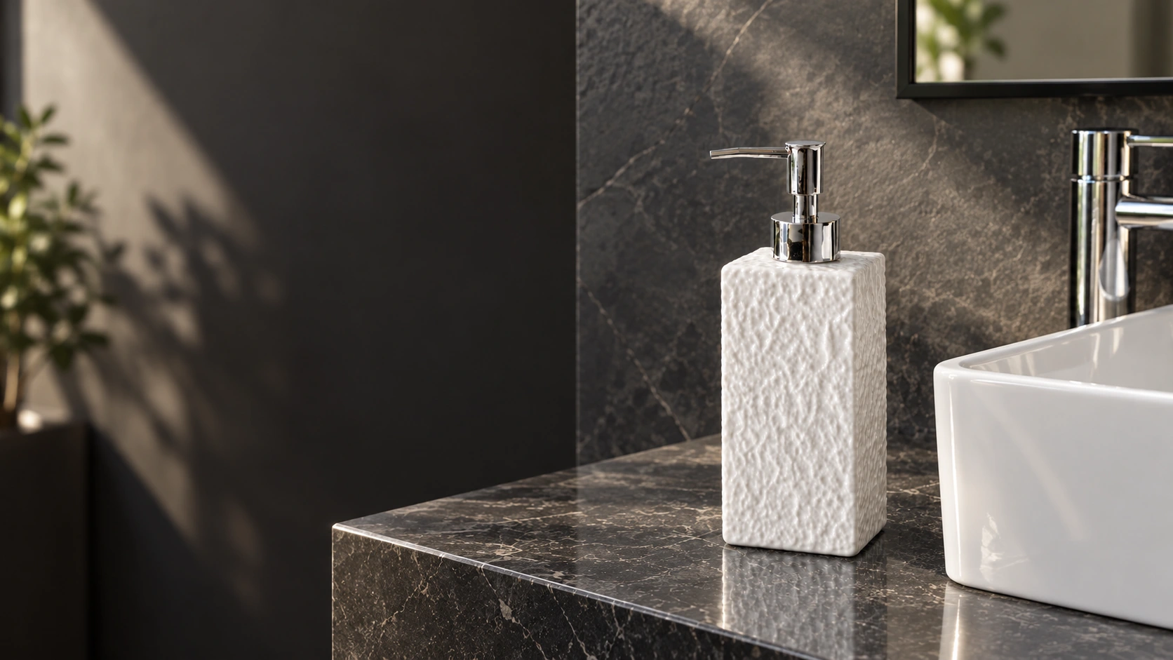 White textured ceramic dispenser beside a basin