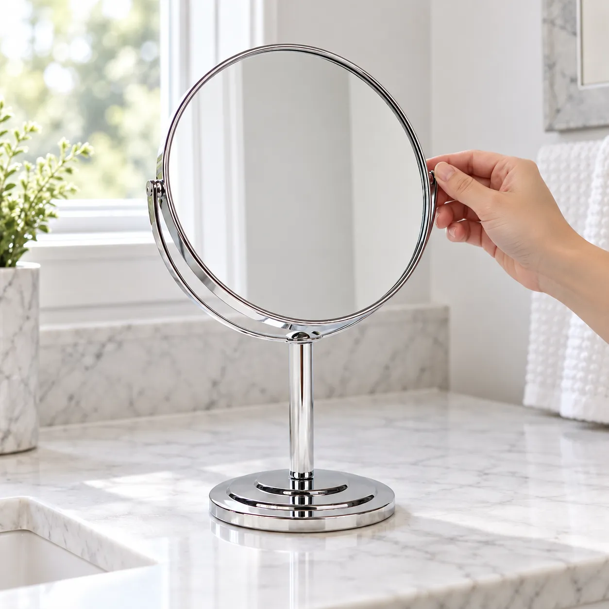 Adjusting the Selene mirror on a bright vanity