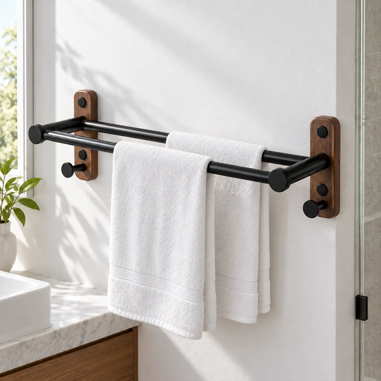 Rowan double towel rail with two towels; towels not included
