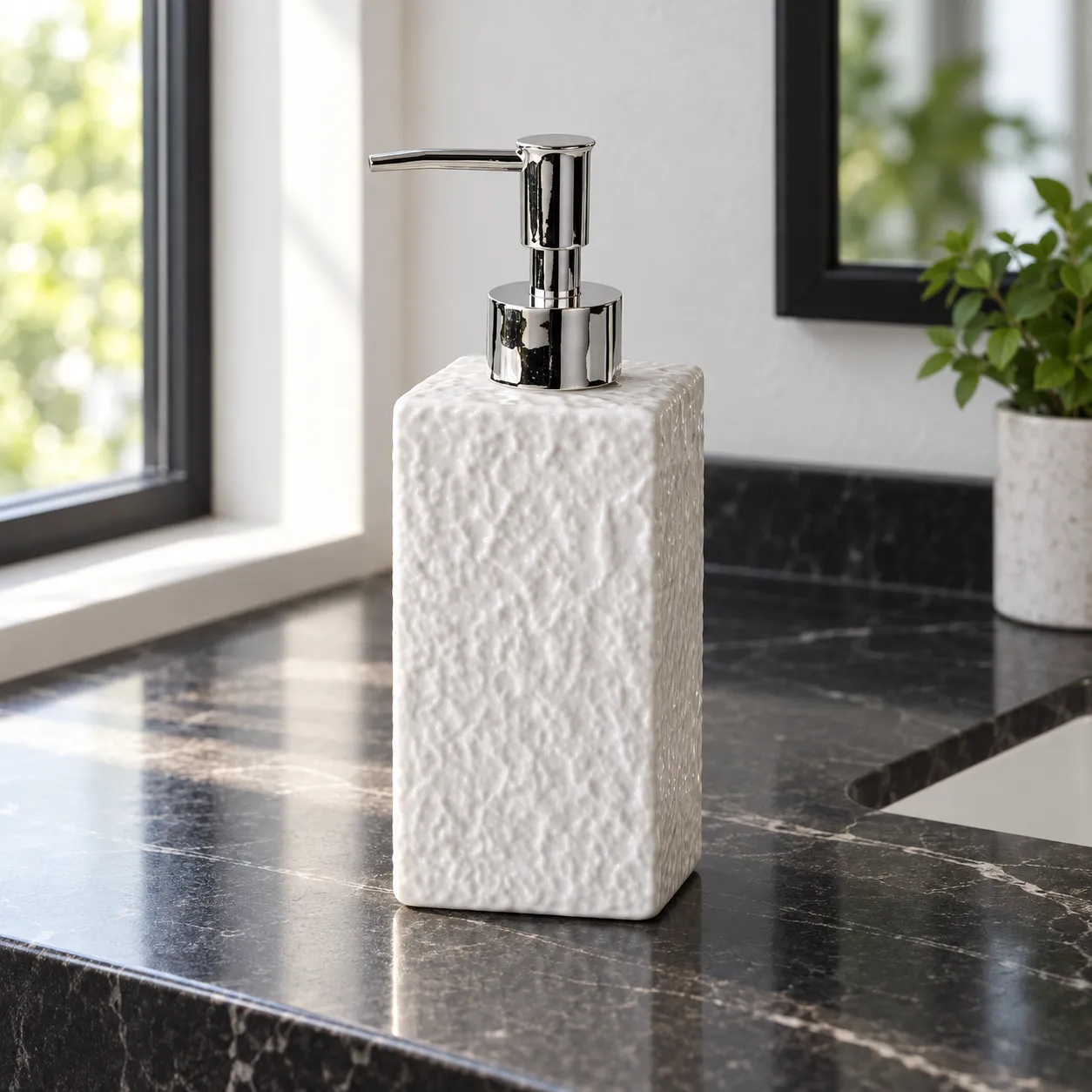 White hammered ceramic dispenser with chrome-finish pump